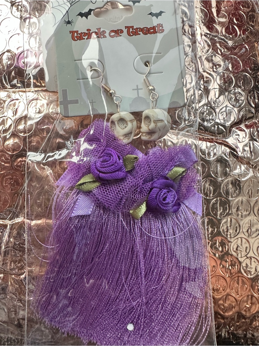 Purple Skull Tassel Earrings with Floral Accents